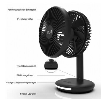 Inca IMF-16B oplaadbare tafelventilator 14 cm - met verlichting