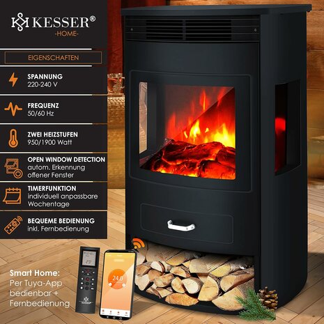 Kesser Prio XL zwart elektrische sfeerhaard Wifi - 950/1900 W - 75 m3